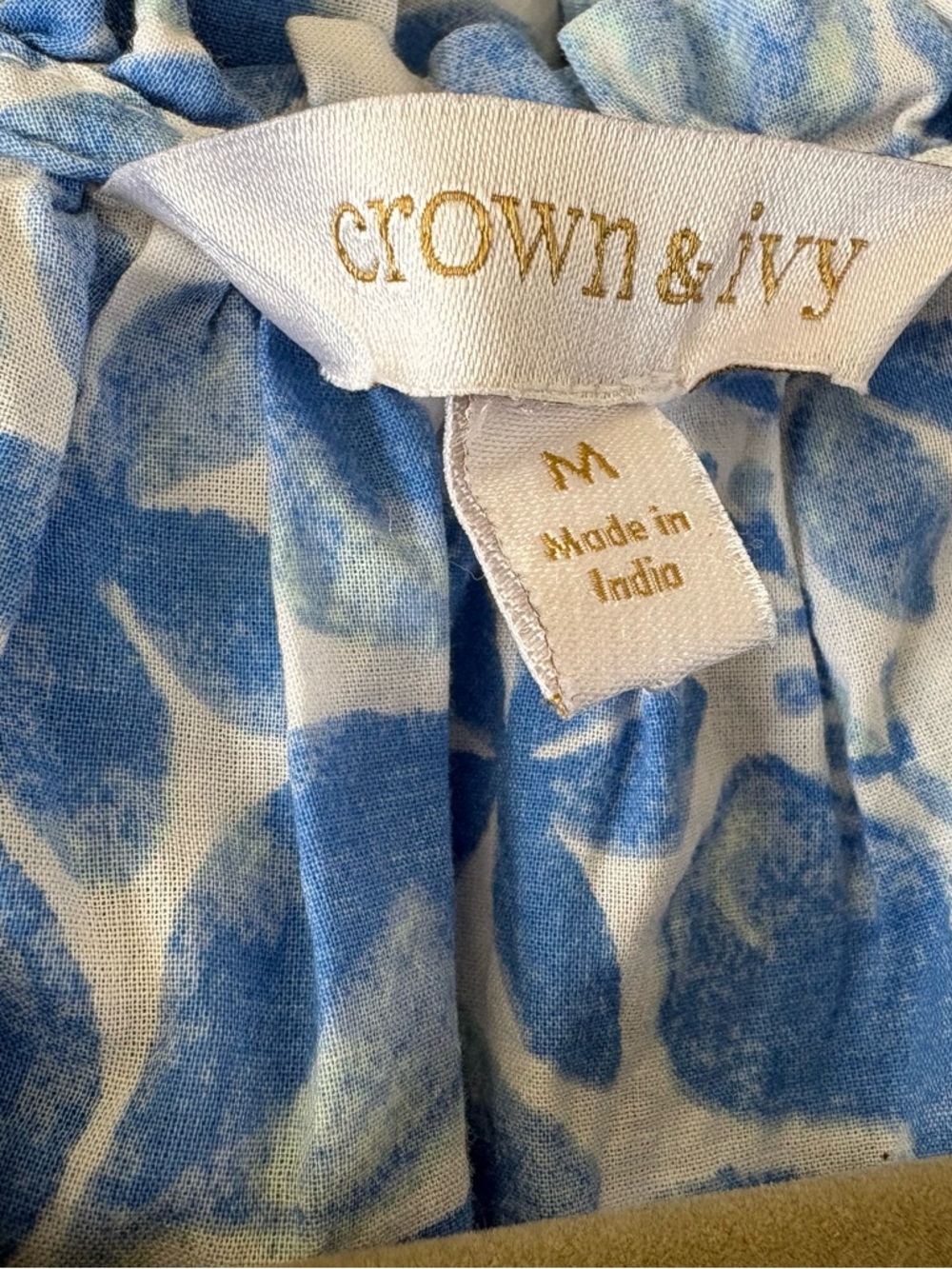 Crown & Ivy Blue White Floral Cotton Crochet Ruffle Puff Sleeve Top M - Picture 5 of 6